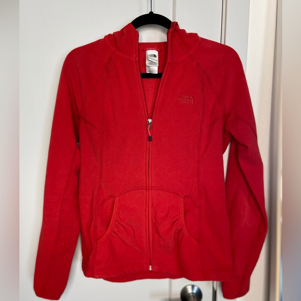 The North Face cozy red fleece jacket with hood